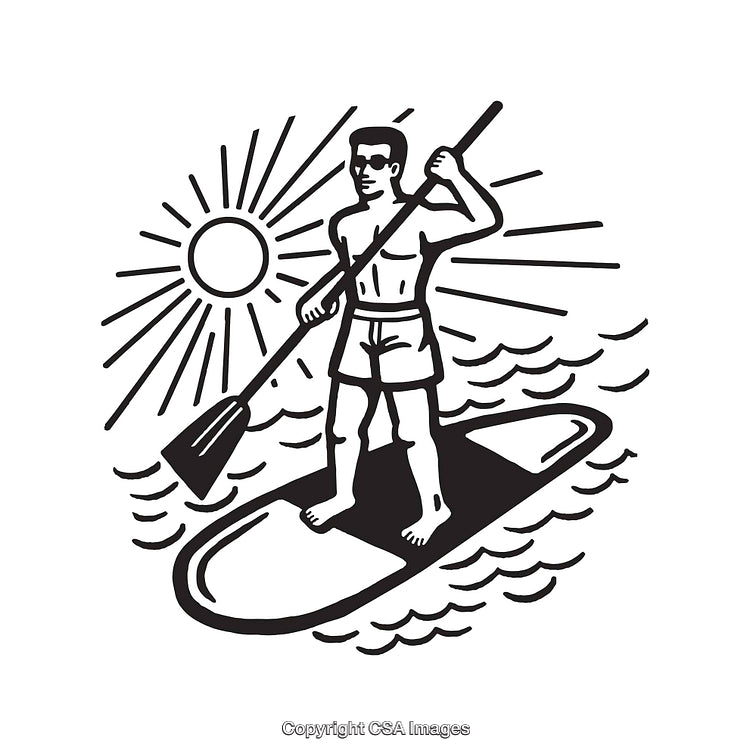 Stand-Up Paddleboarding Adventure Line Art with Sun and Waves