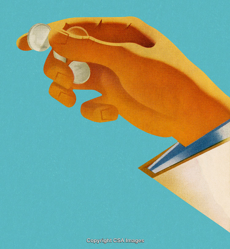 Artistic Illustration of a Hand Holding Coins on a Minimalistic Background