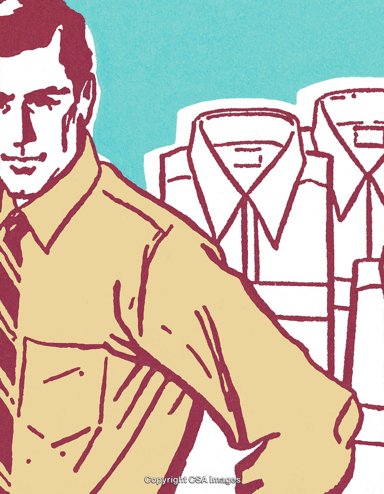 Illustration of a Man and Folded Dress Shirts in a Vintage Style