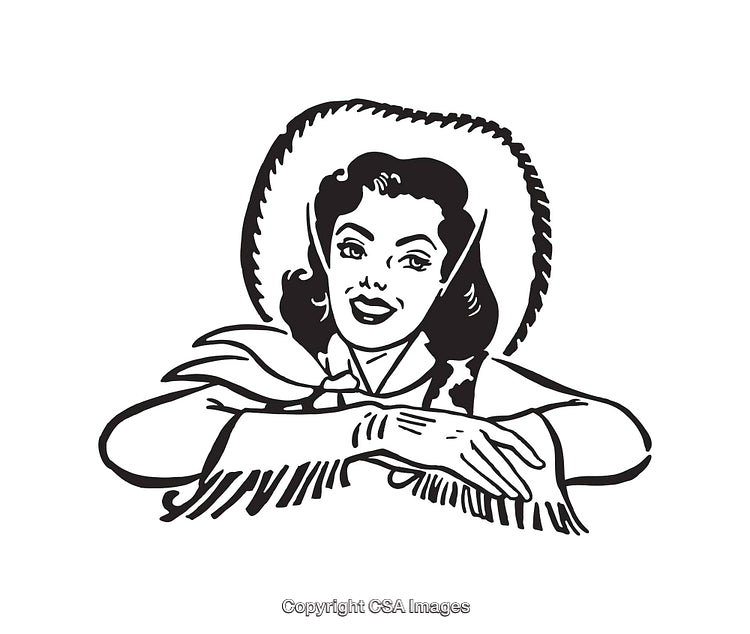 Vintage Black and White Illustration of a Smiling Cowgirl