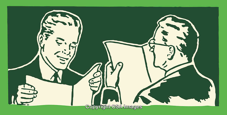 Retro Illustration of Two Individuals Reviewing Documents in a Professional Setting
