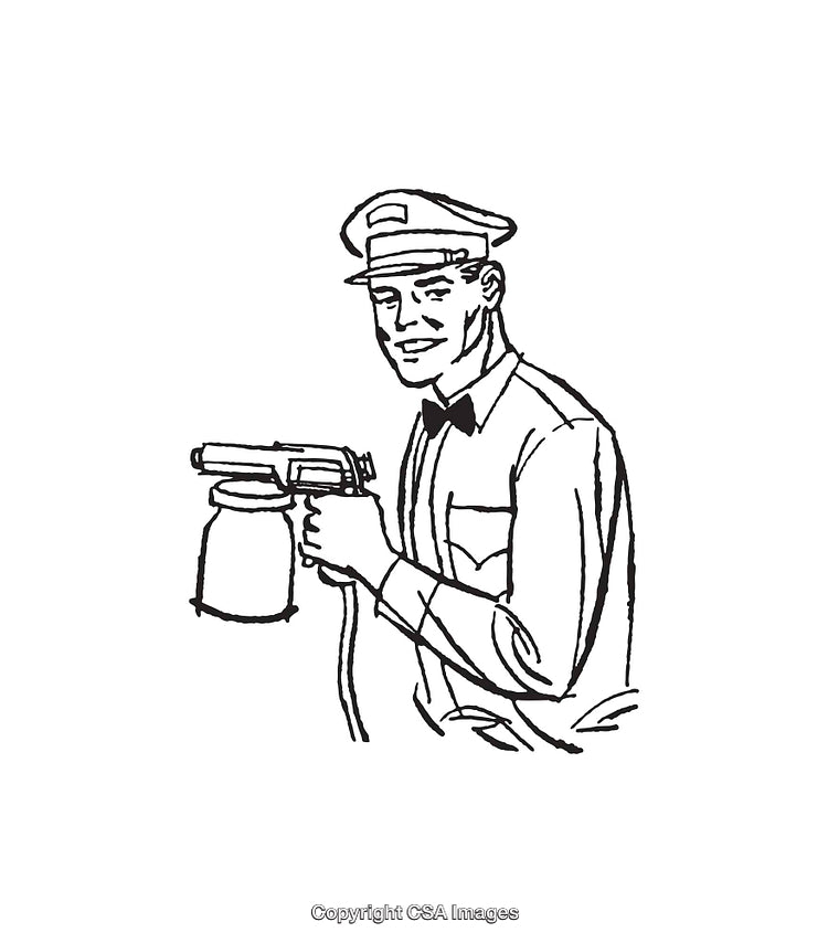 Vintage Line Art of Worker Using Paint Spray Gun Wearing Uniform