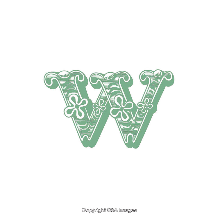 Vintage Green W Letter with Ornate Floral Design