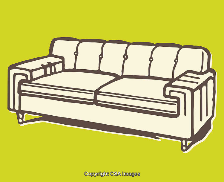 Stylized Line Art Illustration of a Comfortable Retro Sofa on Green Backdrop