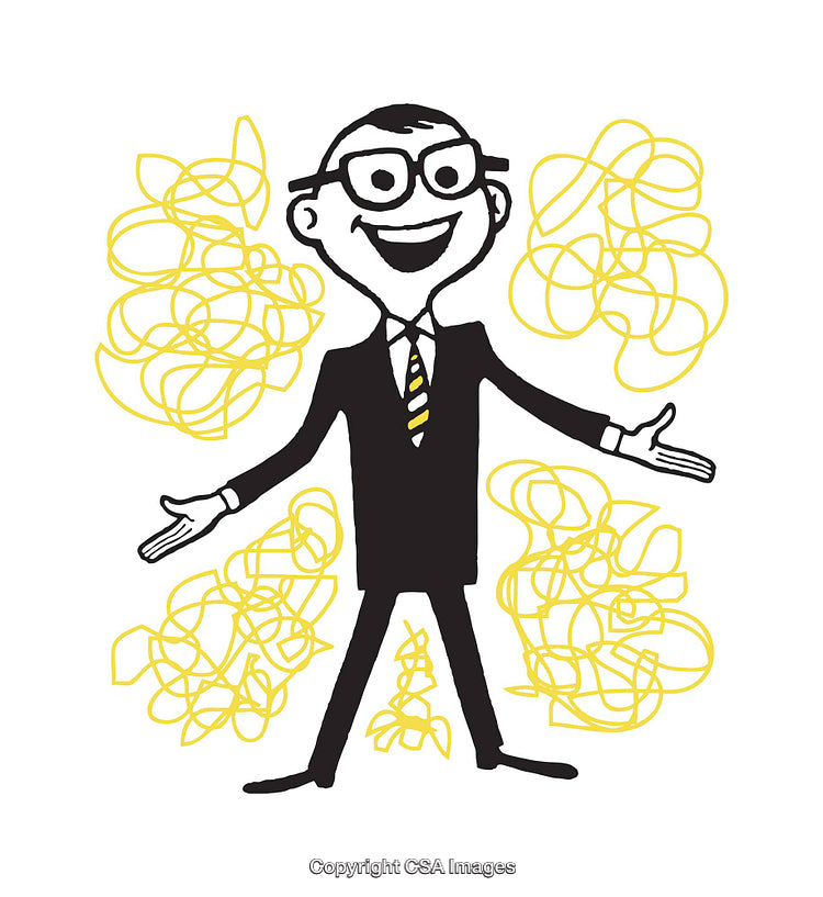 Cartoon Businessman Surrounded by Scribbles in Yellow and Black Illustration