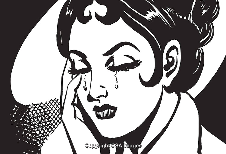 Vintage Inspired Black and White Illustration of a Woman in Sadness