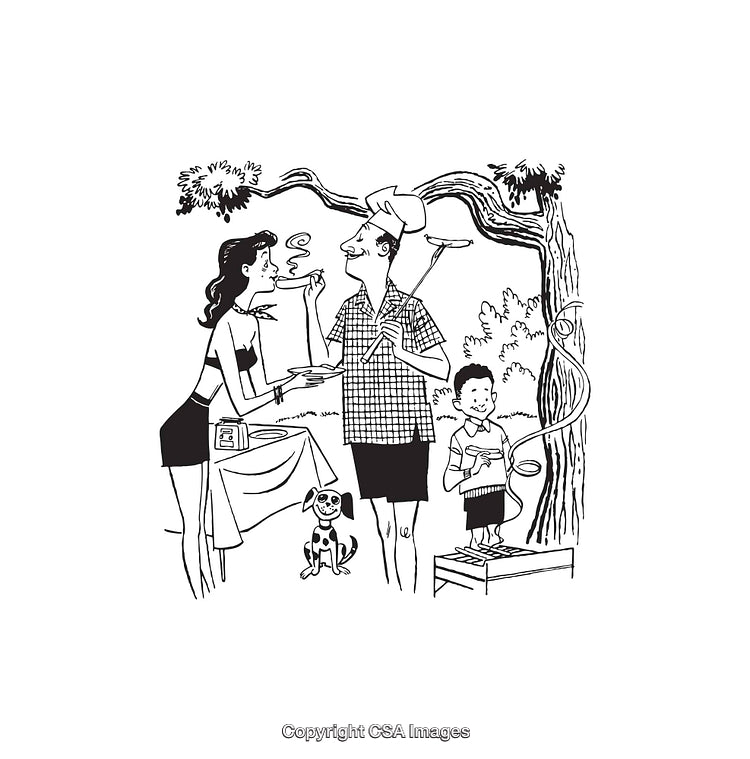 Family Enjoying a Outdoor Meal with Dog and Tree Swing