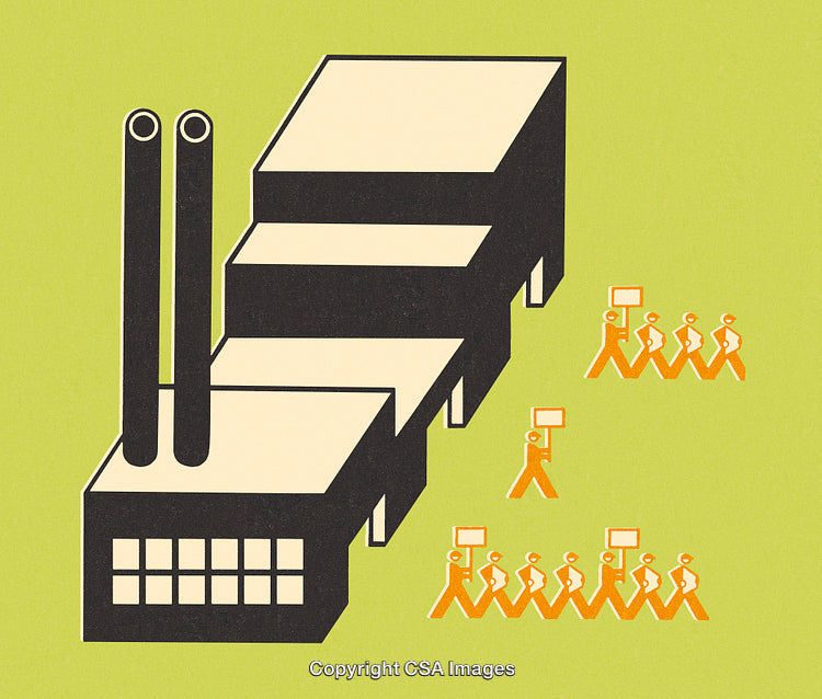 Illustrated Protest Outside Factory Representing Strikes and Industrial Action