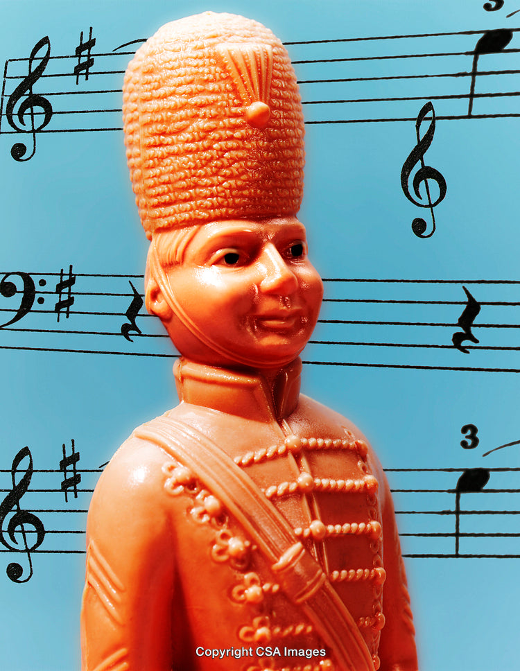 Plastic Toy Soldier With Musical Notes on a Blue Background