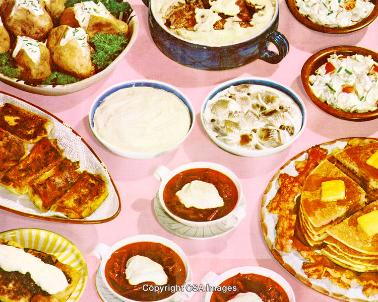 Vintage Style Spread of Assorted Appetizing and Colorful Dishes