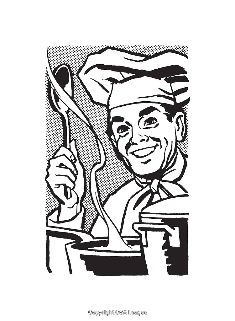 Black and White Chef Line Art Stirring Cuisine in Kitchen