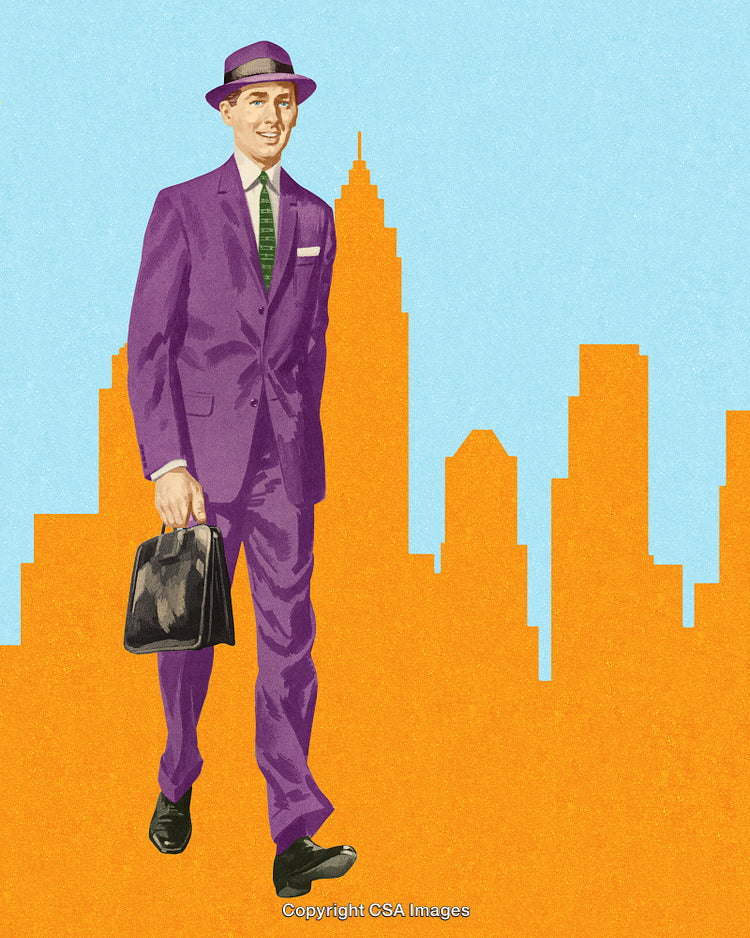Vintage Businessman Illustration with Briefcase and City Skyline