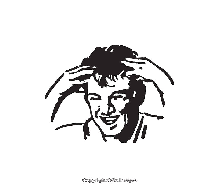 Black and White Line Art Illustration of Smiling Person with Hands on Head
