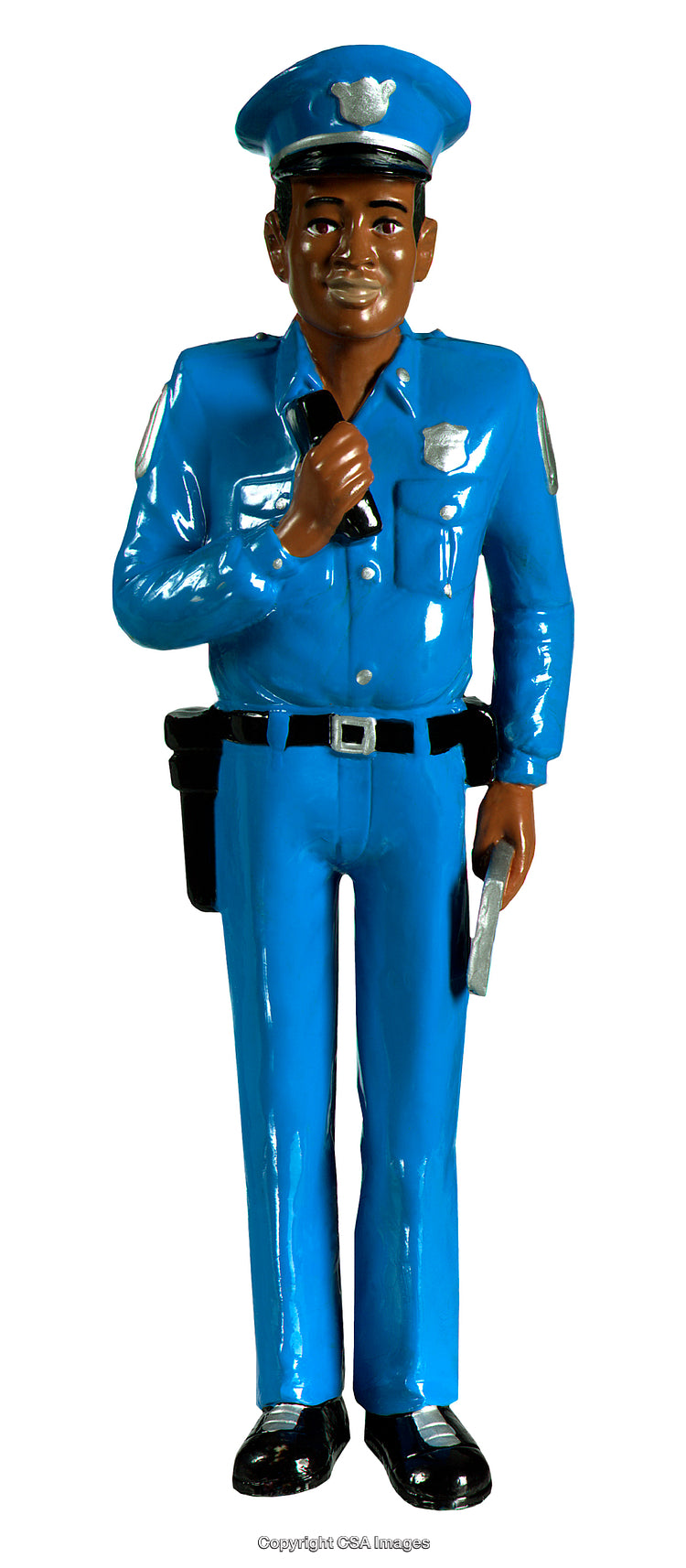 Smiling Toy Police Officer Figurine in Blue Uniform Standing Upright