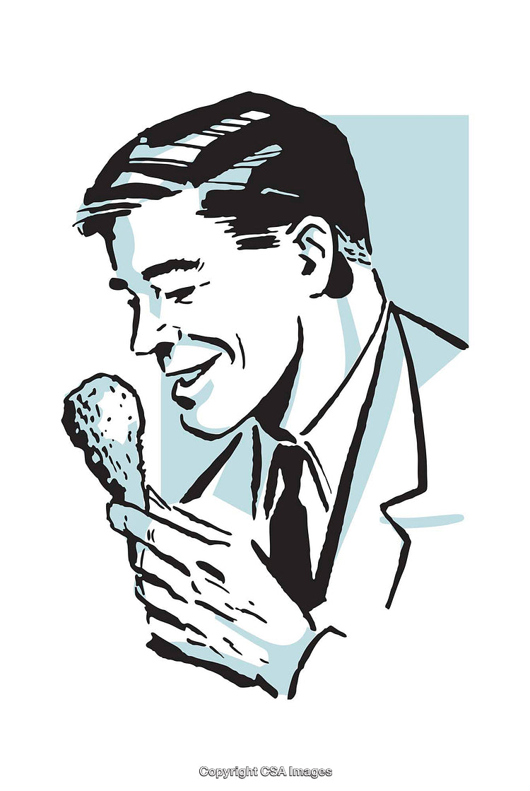 Vintage Illustration of a Man Holding a Piece of Chicken