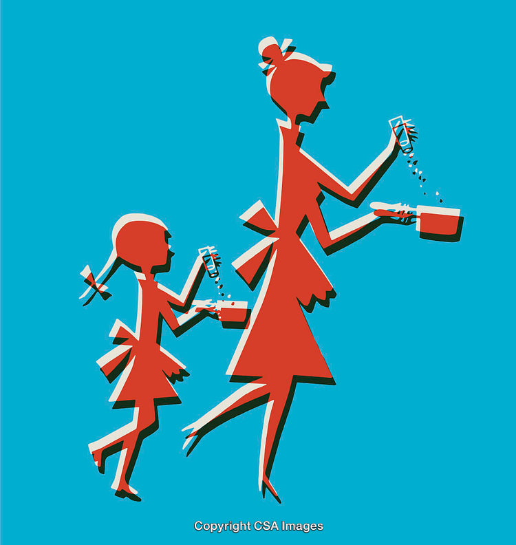 Retro Style Illustration of Mother and Daughter Cooking Together in Kitchen