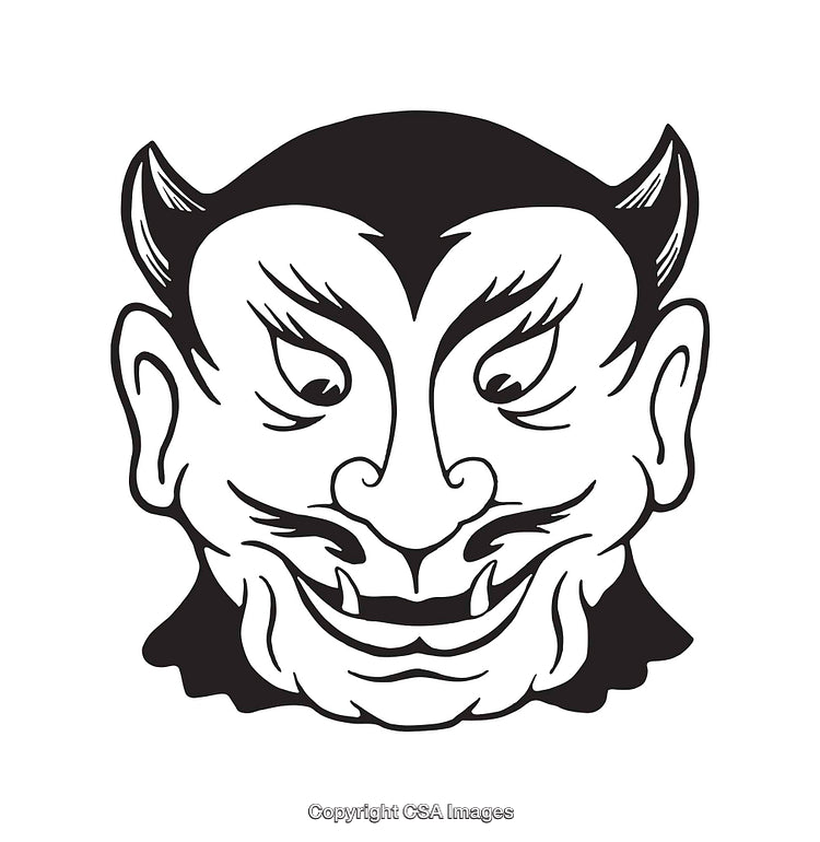 Black and White Line Art Illustration of a Stylized Devil Mask Design