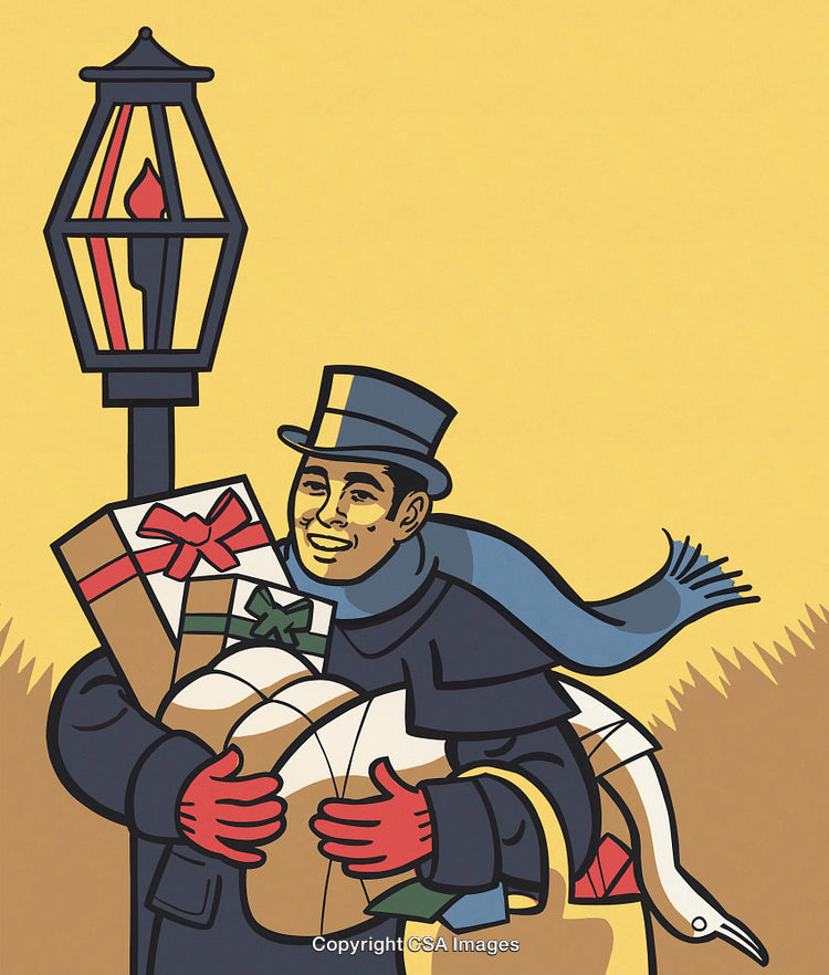 Man In Top Hat Holding Christmas Presents Under Street Lamp
