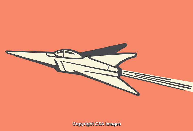 Illustrated Retro-Style Jet Airplane on Solid Orange Background