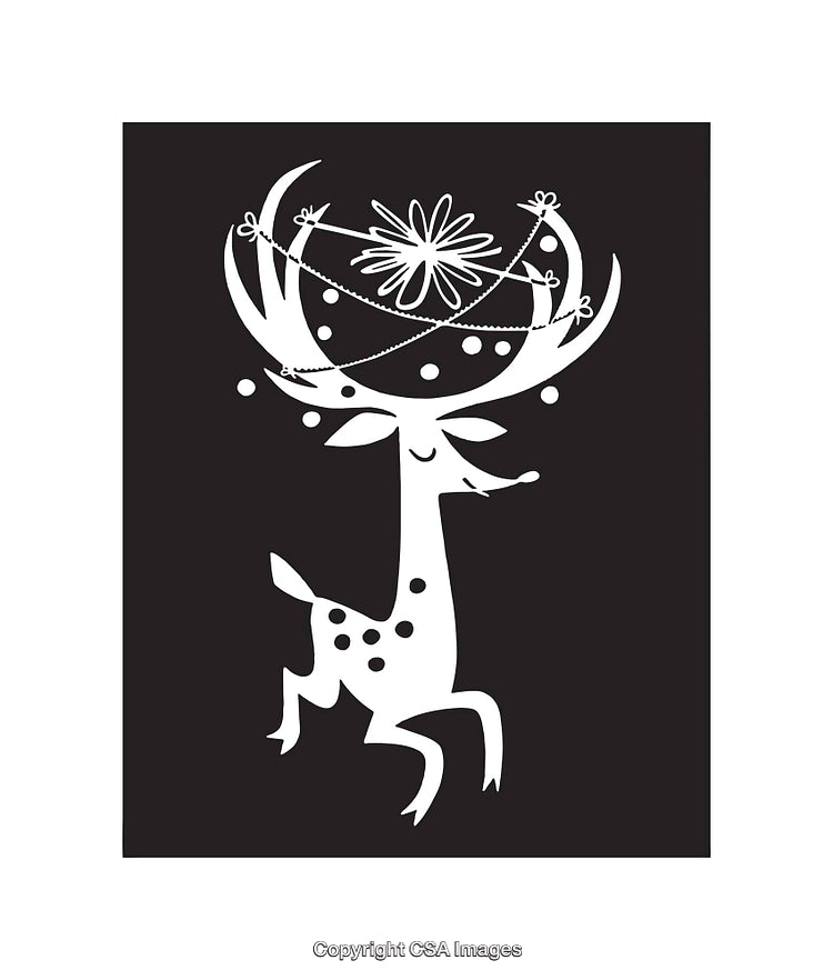 Festive Reindeer With Ornamented Antlers in Black and White Line Art Illustration