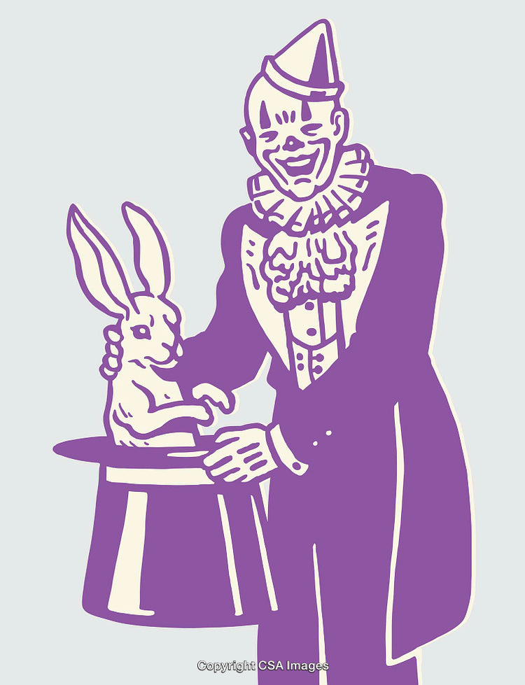 Illustrated Clown Performing Magic With Rabbit and Top Hat