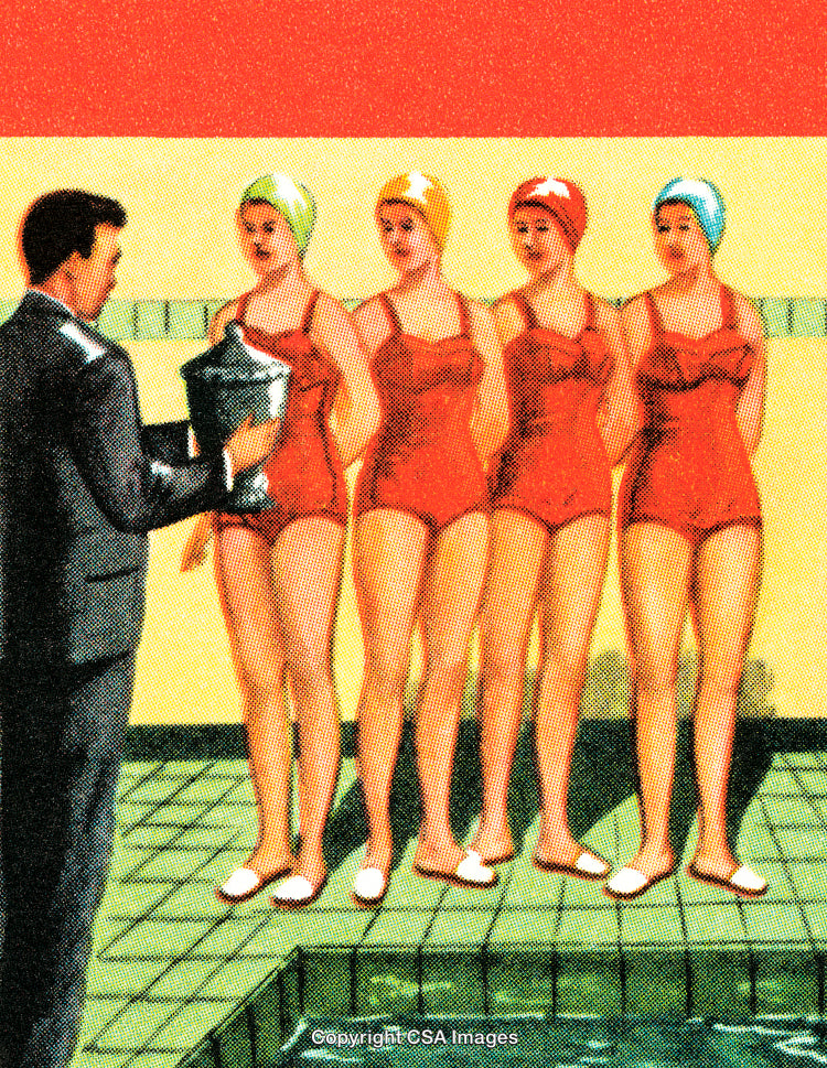 Retro-Style Swimming Contest Award Ceremony with Competitors in Red Bathing Suits