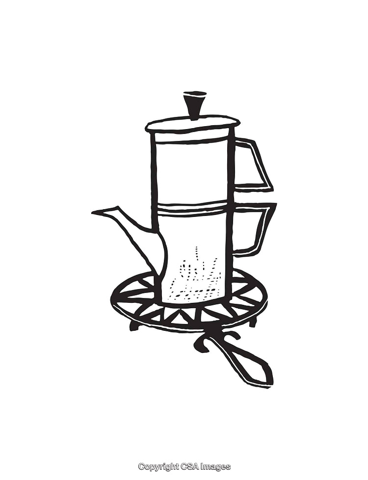 Black and White Line Art of a Traditional Coffee Pot on a Stand