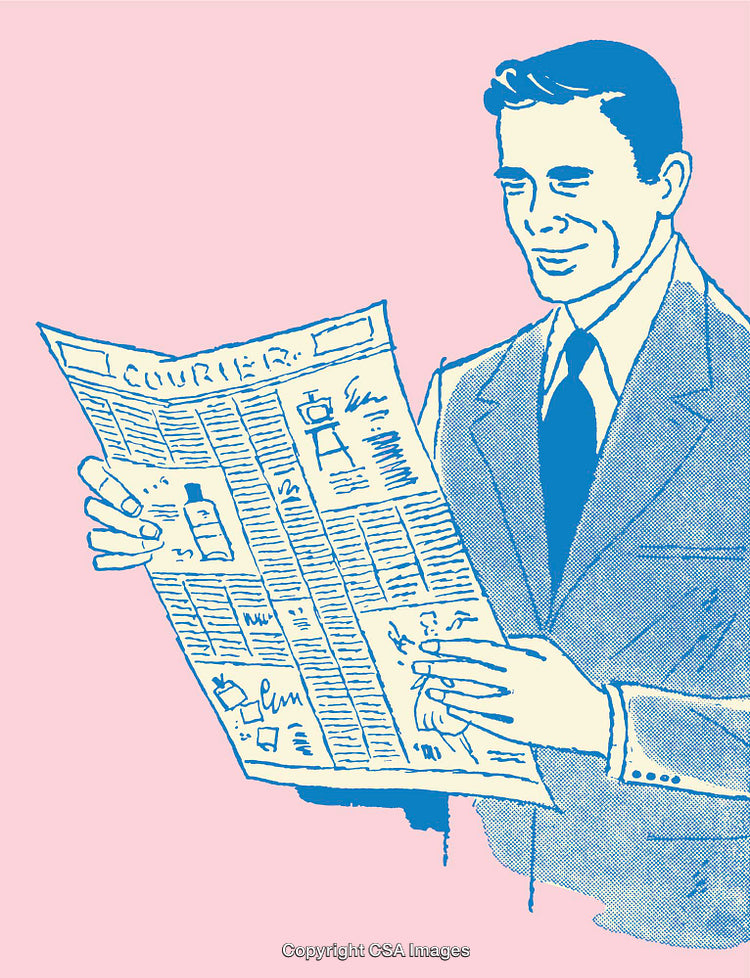 Retro Line Art of a Man Reading a Newspaper in Blue and Pink