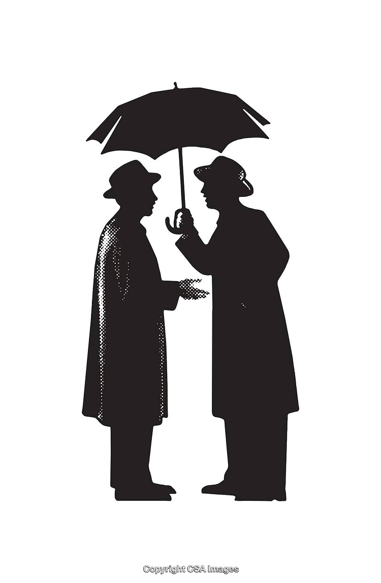 Silhouetted Figures Sharing an Umbrella in Artistic Line Art