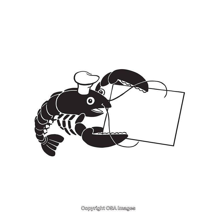 Black and White Illustration of Chef Lobster Holding a Blank Sign