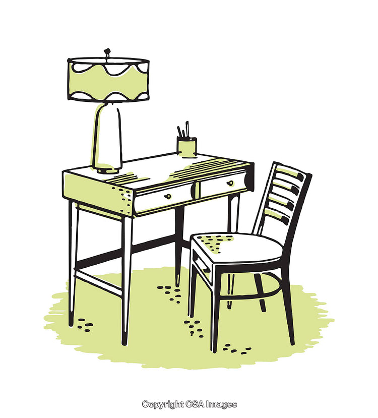 Illustration of a Desk With Chair and Lamp on a Pale Green Background