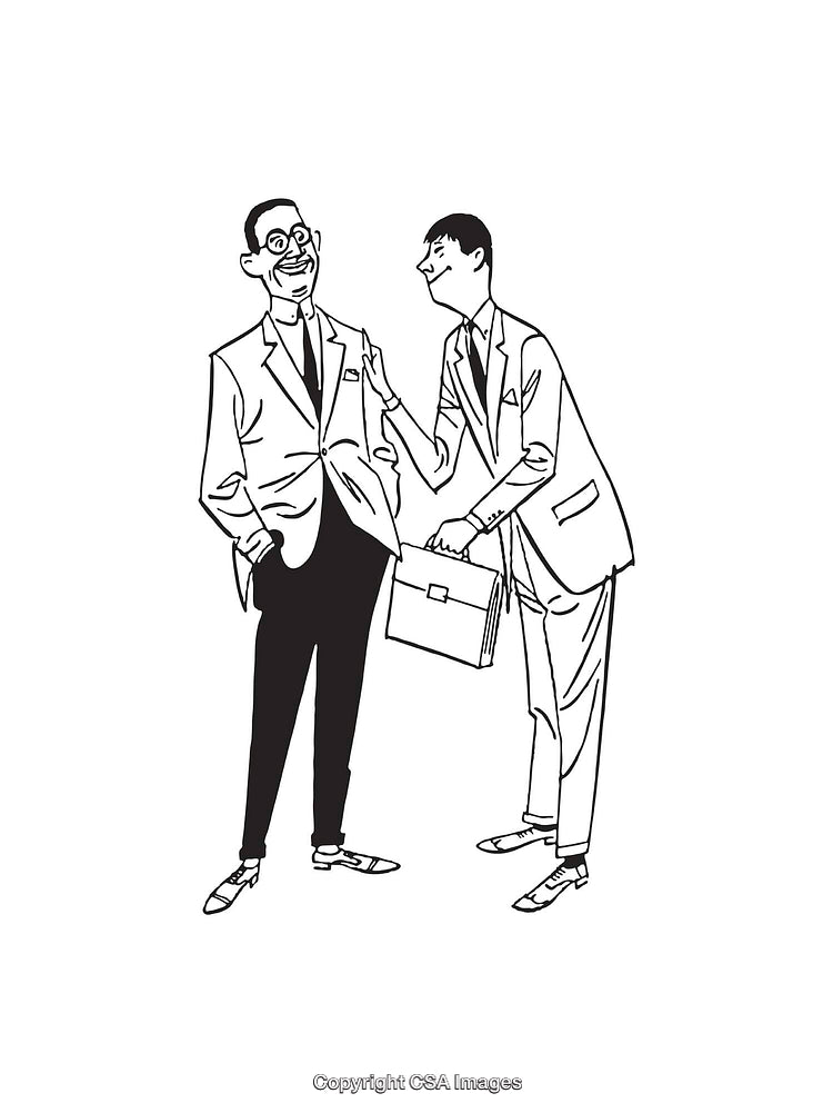 Black and White Illustration of Two Businessmen in Friendly Interaction