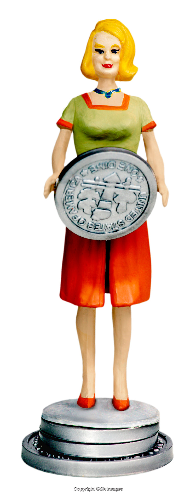 Colorful Figurine Holding Coin Standing on Decorative Base
