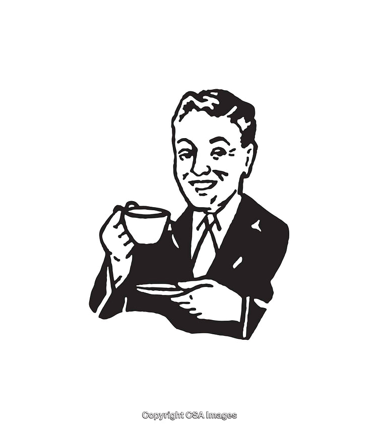 Black and White Line Art of Smiling Man Holding a Coffee Cup