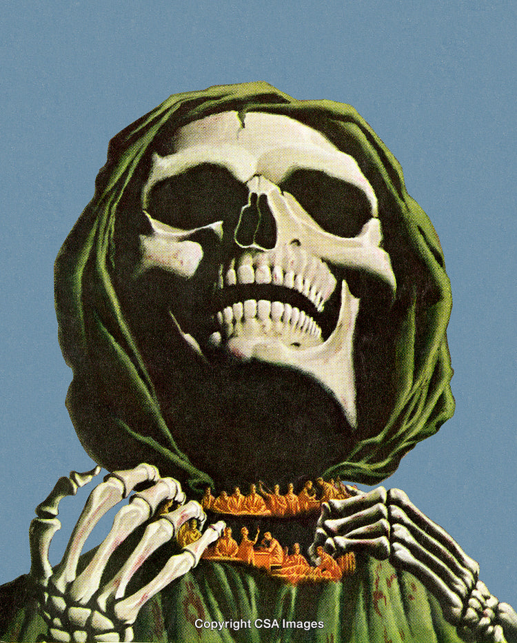 Skeleton in Hood Holding Elaborate Collar with Fiery Embroidery