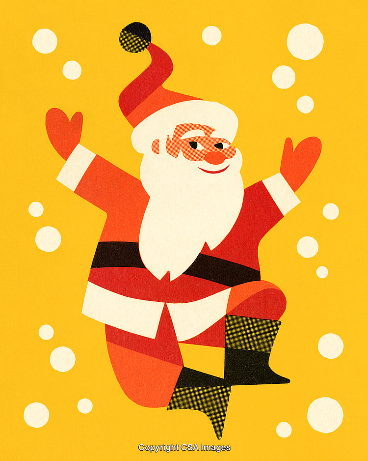 Cheerful Cartoon Santa Claus Dancing with Snowflakes on Yellow Background