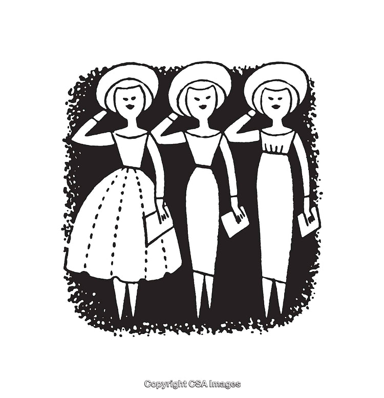 Stylized Black and White Illustration of Elegant Women Posing Together