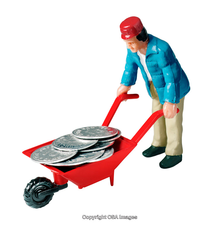 Toy Figure Pushing a Wheelbarrow Filled with Silver Coins