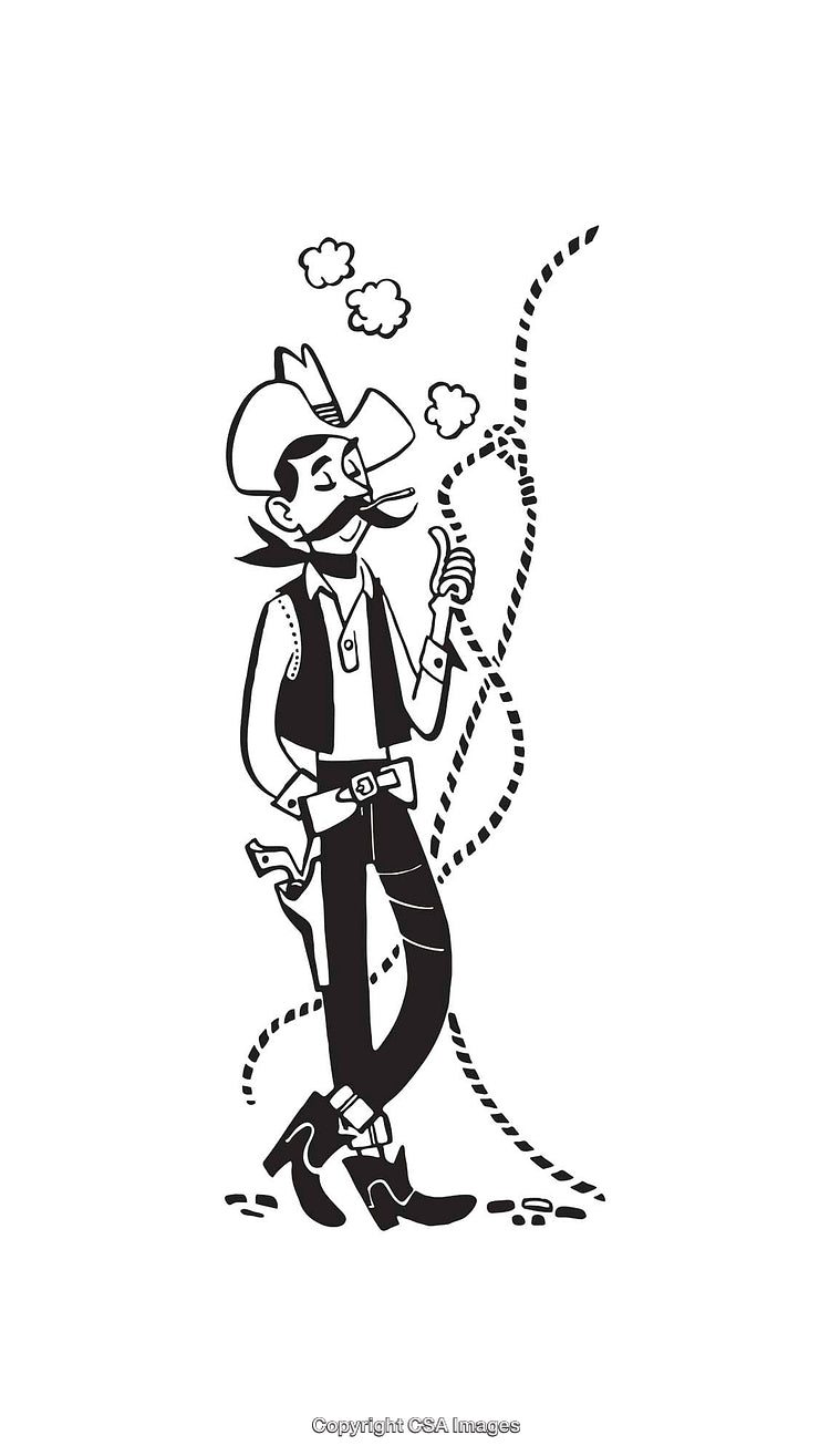 Black and White Cowboy Line Art Illustration with a Cigarette