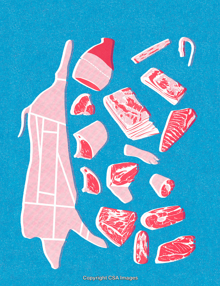 Assorted Cuts of Meat Displayed in a Diagrammatic Style on a Blue Background