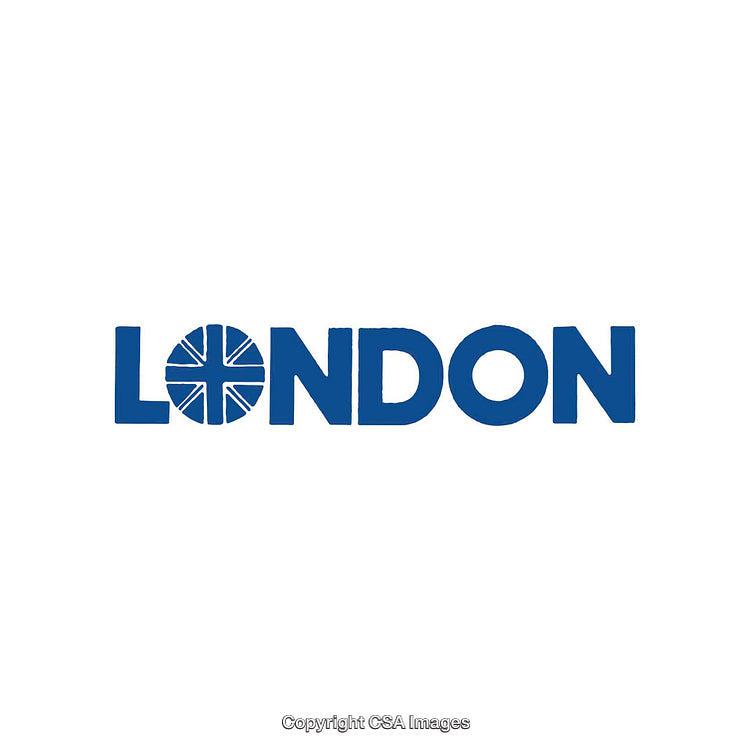 London Text Art with Union Jack Design in Vibrant Blue