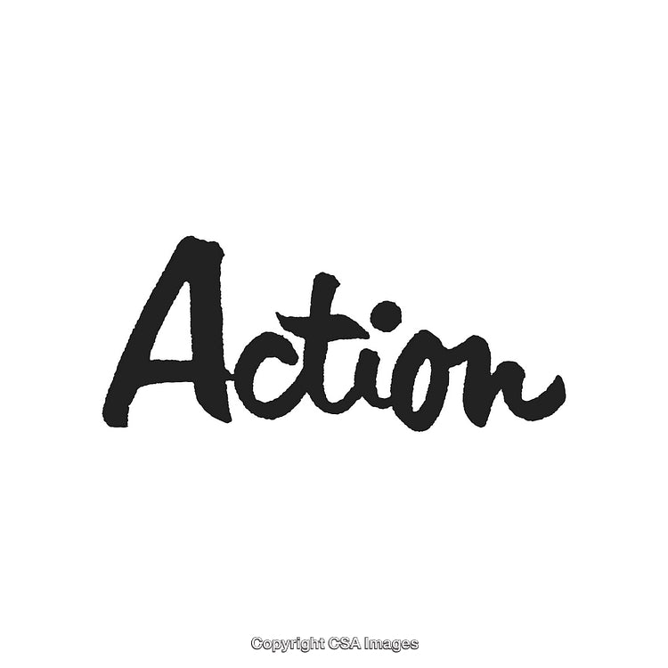 Handwritten Word "Action" in Black Ink on White Background
