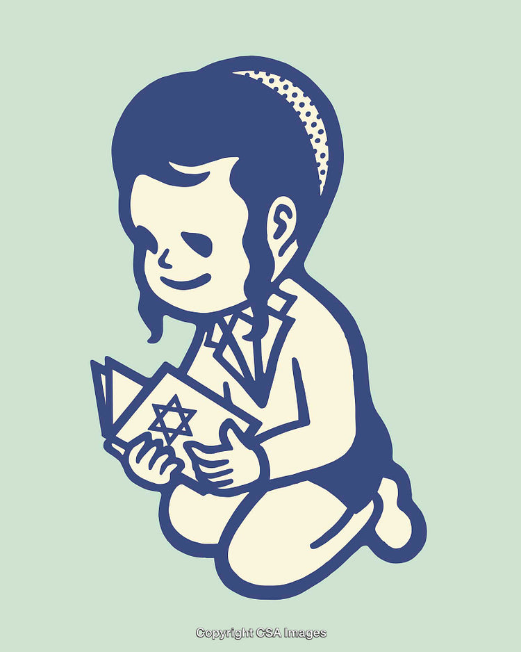 Illustrated Boy Kneeling and Reading a Religious Book with Star Symbol