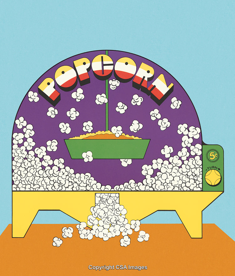 Retro-Style Vintage Popcorn Machine Illustration in Bright Colorful Design