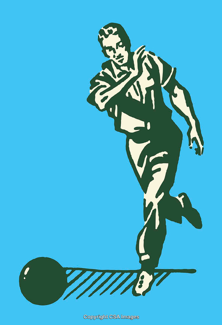 Vintage Illustration of a Man Bowling on a Blue Background