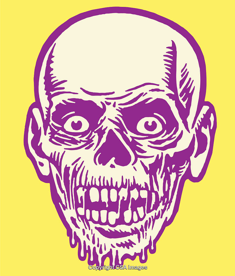 Colorful Illustration of a Skull in Purple on a Vibrant Yellow Background