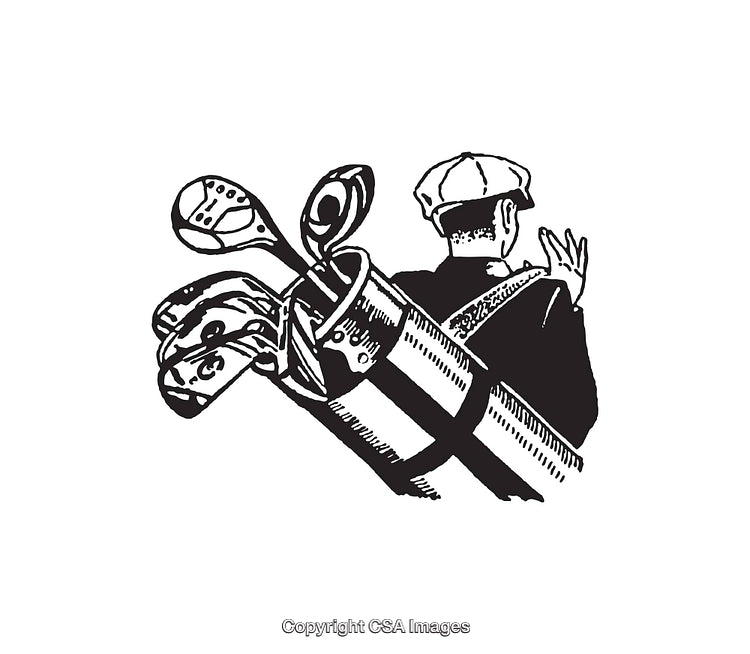 Vintage Line Art of Golfer Carrying Clubs in a Golf Bag