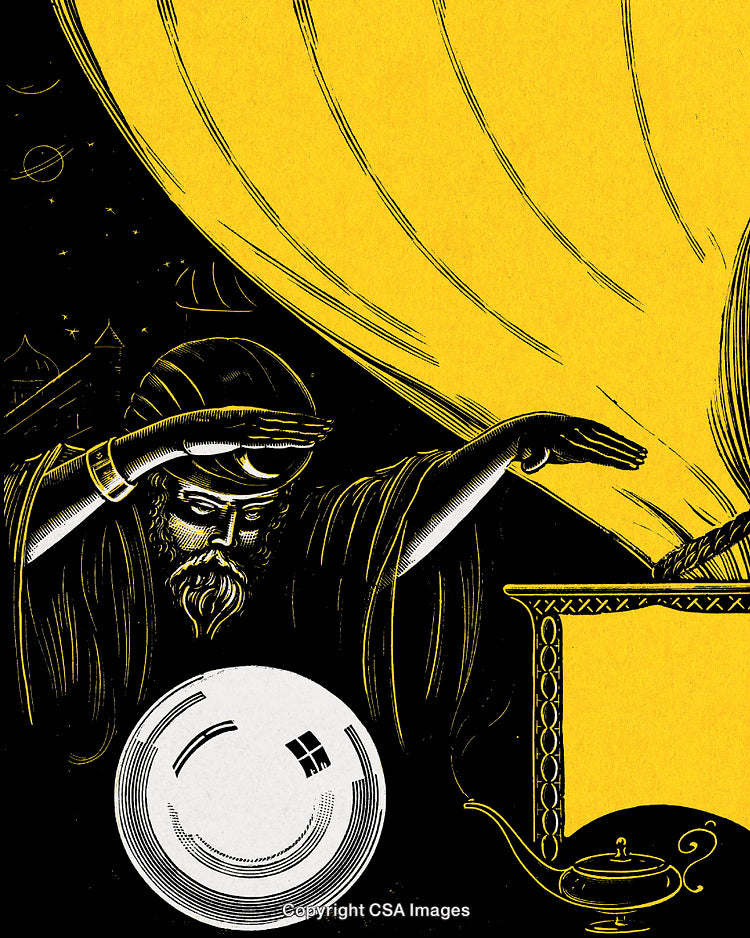 Illustration of a Sorcerer with Crystal Ball and Lamp in Mystic Scene