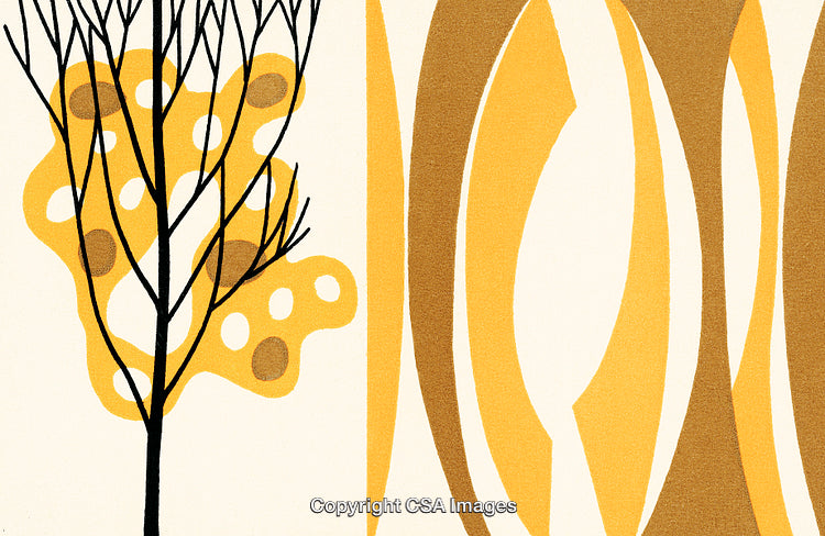 Abstract Illustration with Tree Figure and Organic Yellow Shapes
