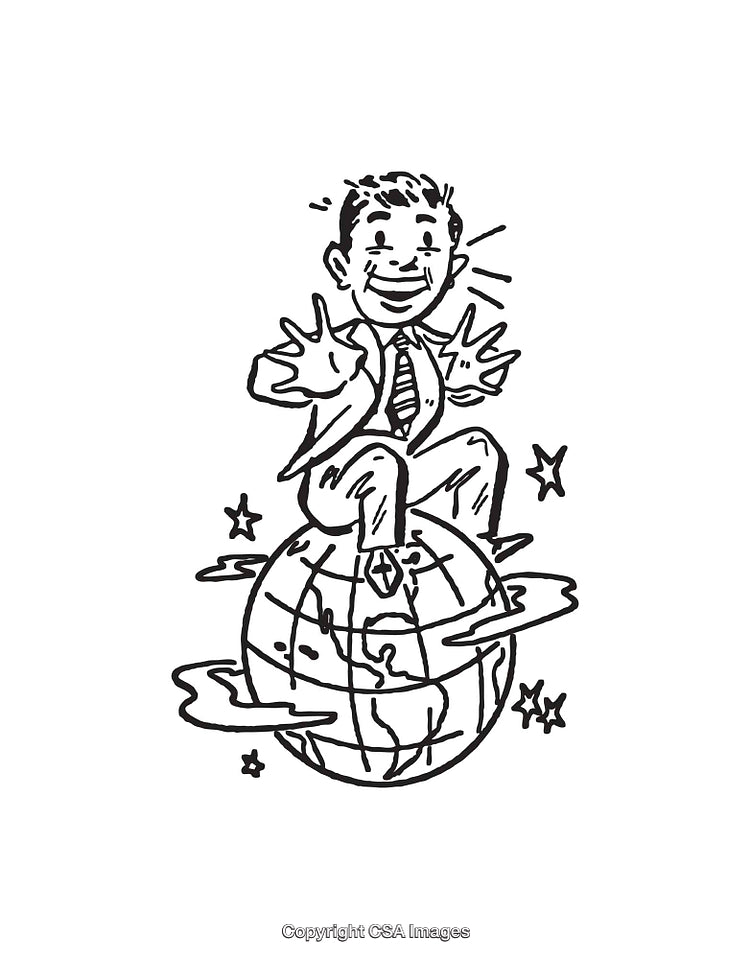 Line Art Illustration of a Man Sitting on a Globe with Stars